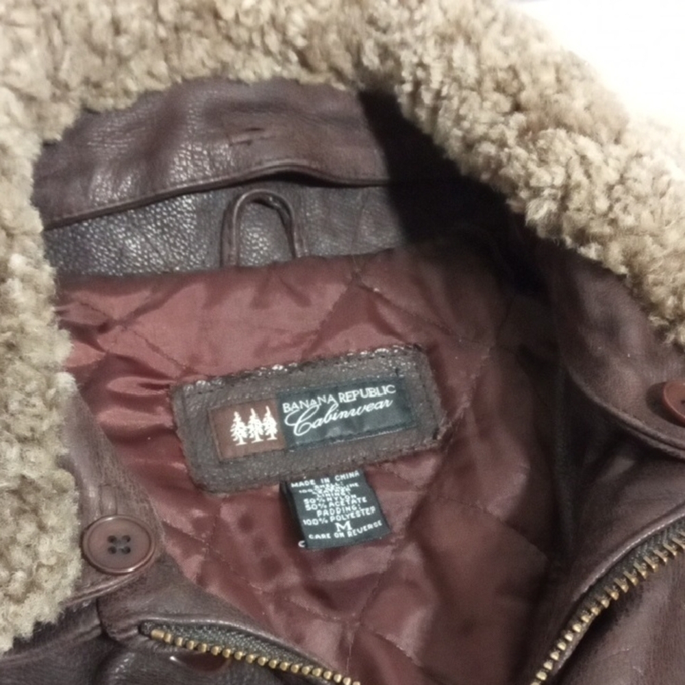 Banana Republic Brown Leather Rancher Zip Detachable Shearling Collar Jacket Med - Picture 6 of 15